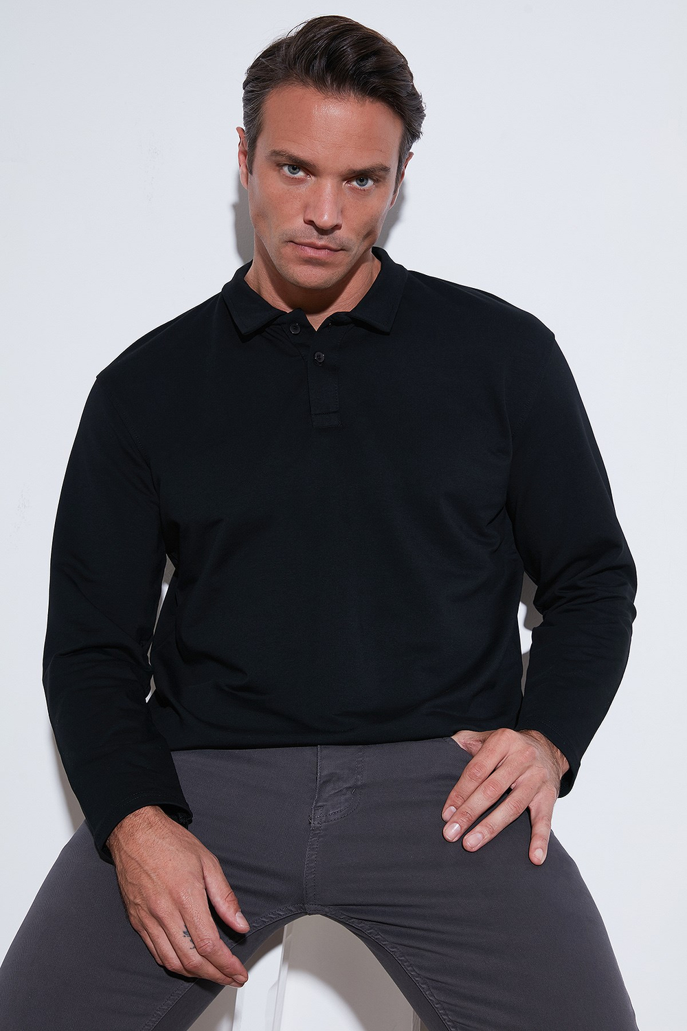 Streç Pamuklu Regular Fit Düğmeli Polo Yaka Erkek Sweat 5905727 SİYAH