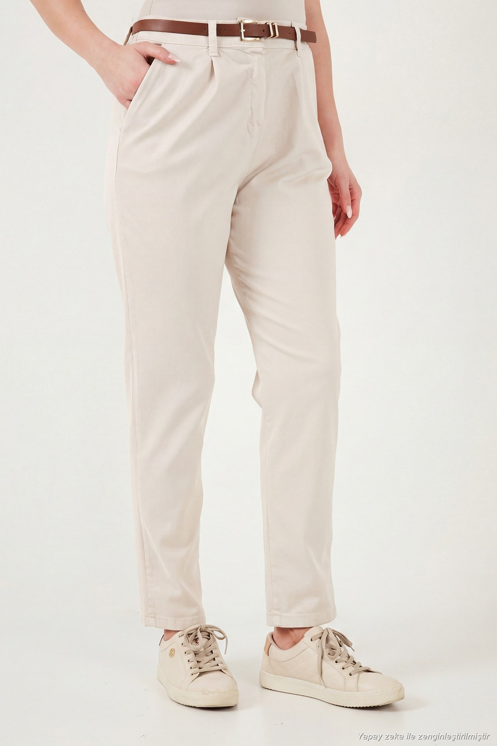 Streç Pamuklu Regular Fit Yüksek Bel Düz Kısa Paça Kemerli Kadın Pantolon 668YP5335 TAŞ