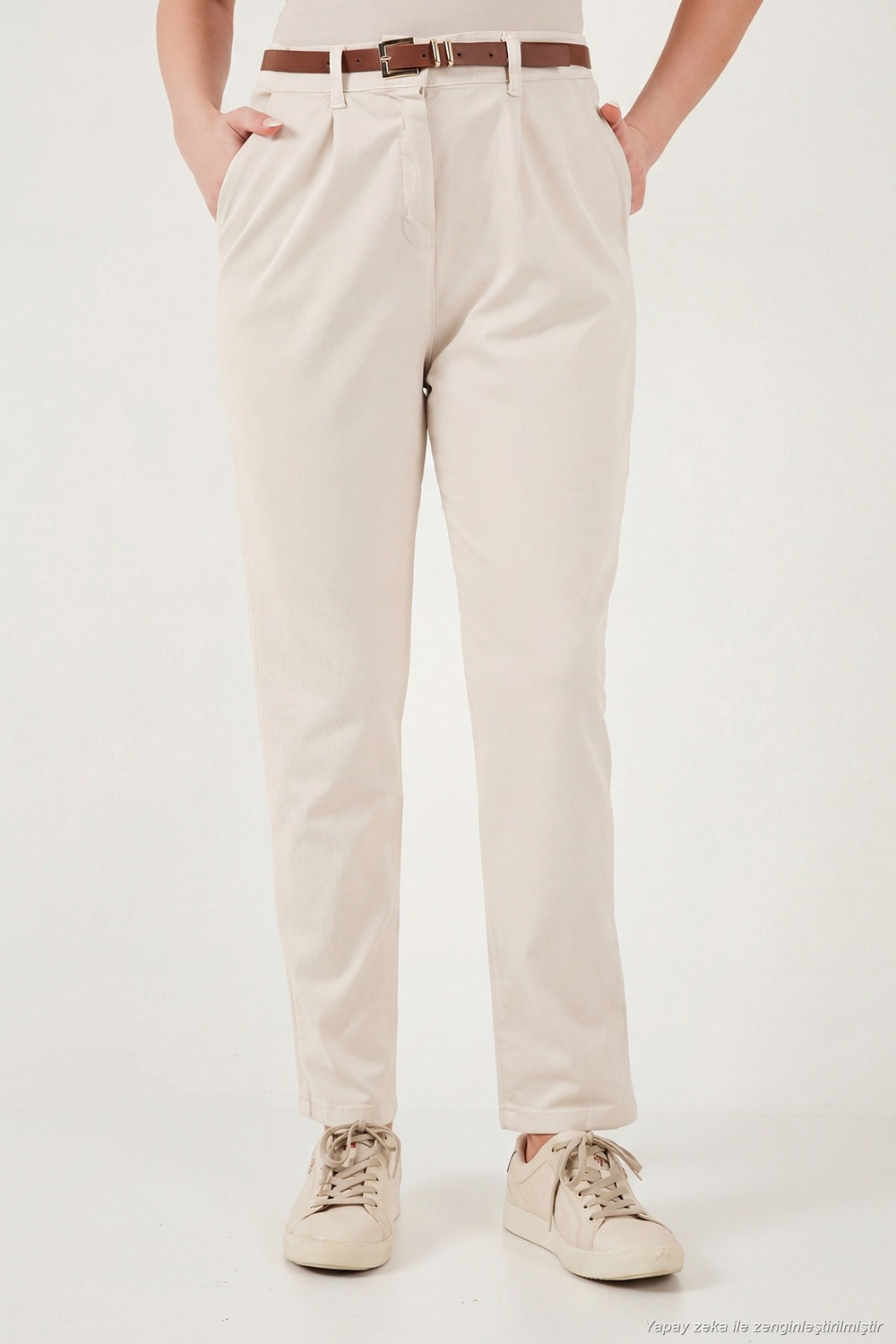 Streç Pamuklu Regular Fit Yüksek Bel Düz Kısa Paça Kemerli Kadın Pantolon 668YP5335 TAŞ