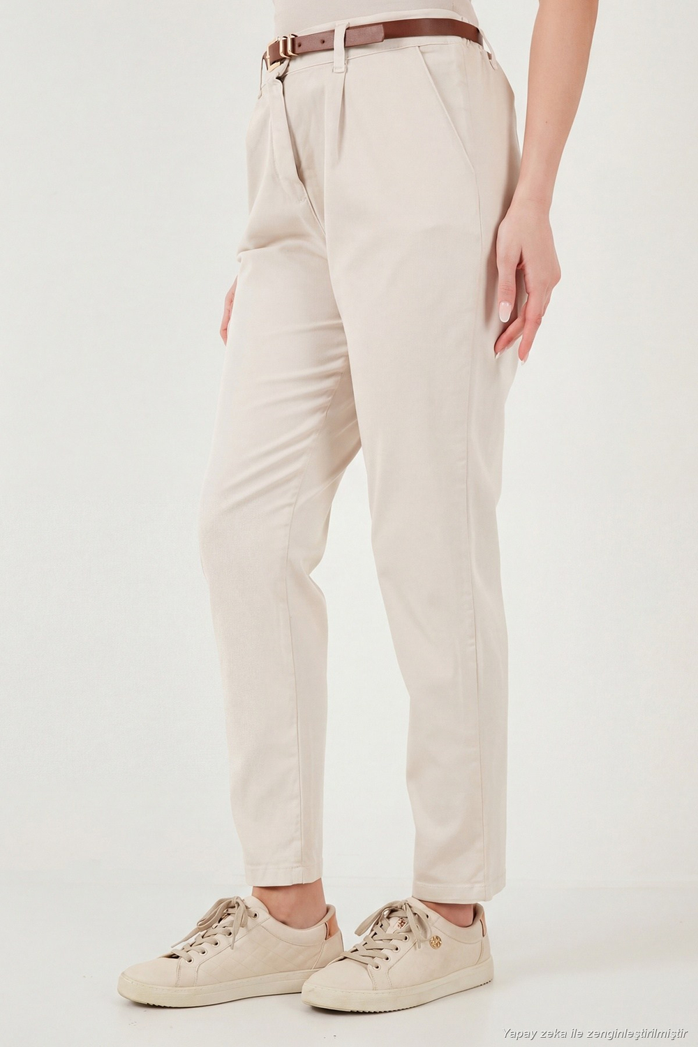 Streç Pamuklu Regular Fit Yüksek Bel Düz Kısa Paça Kemerli Kadın Pantolon 668YP5335 TAŞ