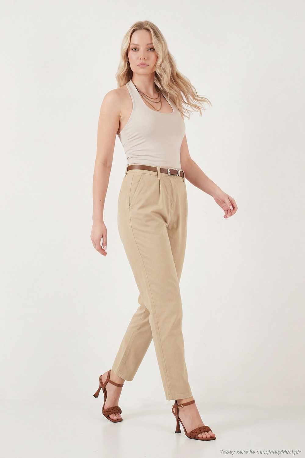 Streç Pamuklu Regular Fit Yüksek Bel Düz Kısa Paça Kemerli Kadın Pantolon 668YP5335 KOYU TAŞ