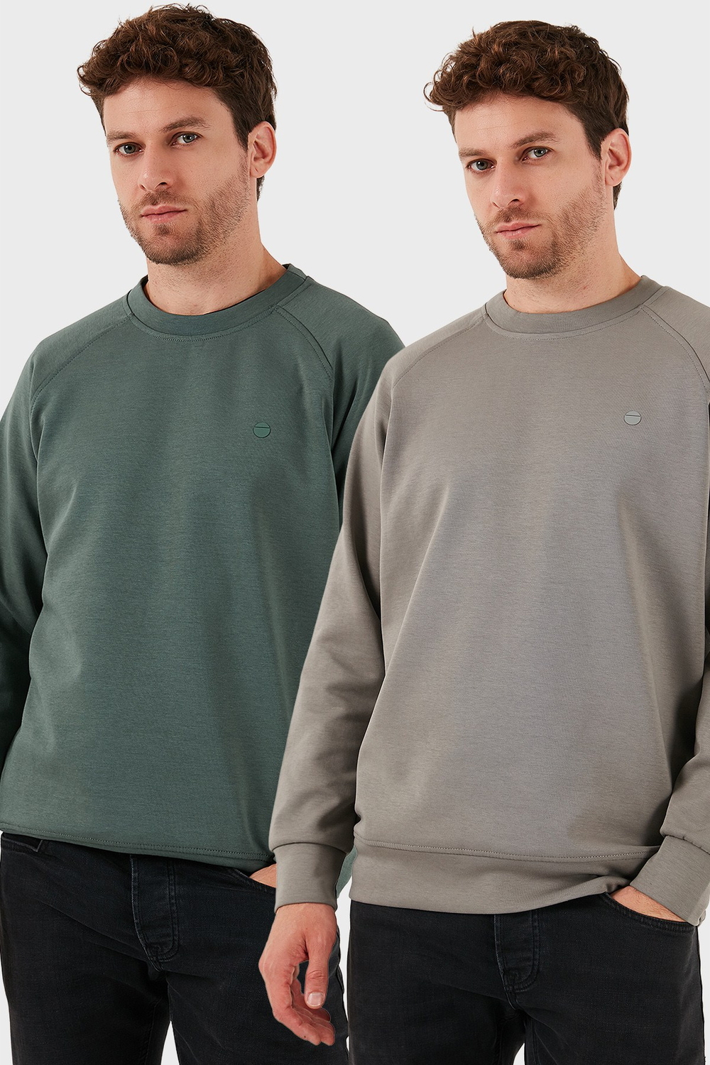 Streç Pamuklu Relaxed Fit Bisiklet Yaka 2li Paket Erkek Sweat 5901210S2 Açık Haki-Haki