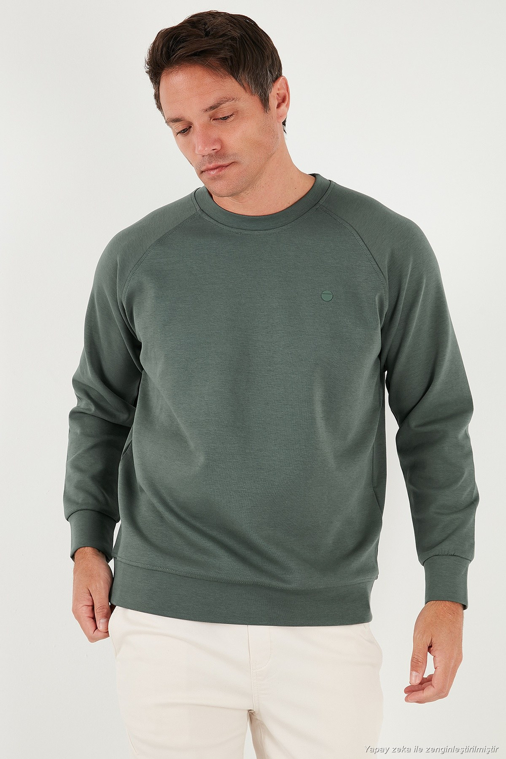 Streç Pamuklu Relaxed Fit Bisiklet Yaka Erkek Sweat 5901210 HAKİ