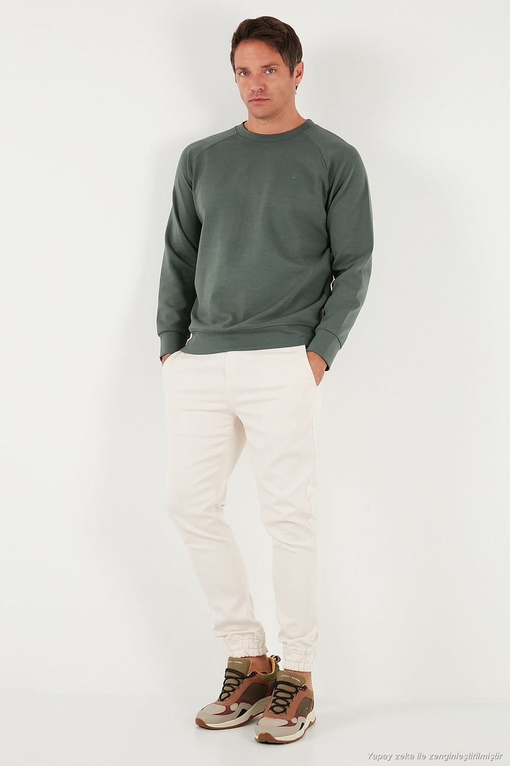 Streç Pamuklu Relaxed Fit Bisiklet Yaka Erkek Sweat 5901210 HAKİ