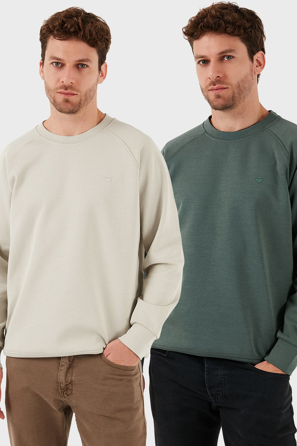 Streç Pamuklu Relaxed Fit Bisiklet Yaka 2li Paket Erkek Sweat 5901210S2 HAKİ-TAŞ