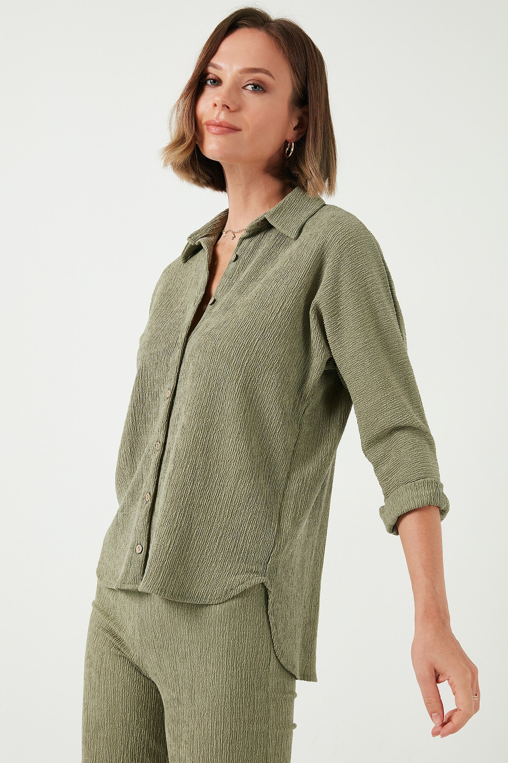 Streç Regular Fit Dokulu Kadın Gömlek 5865975 Olive