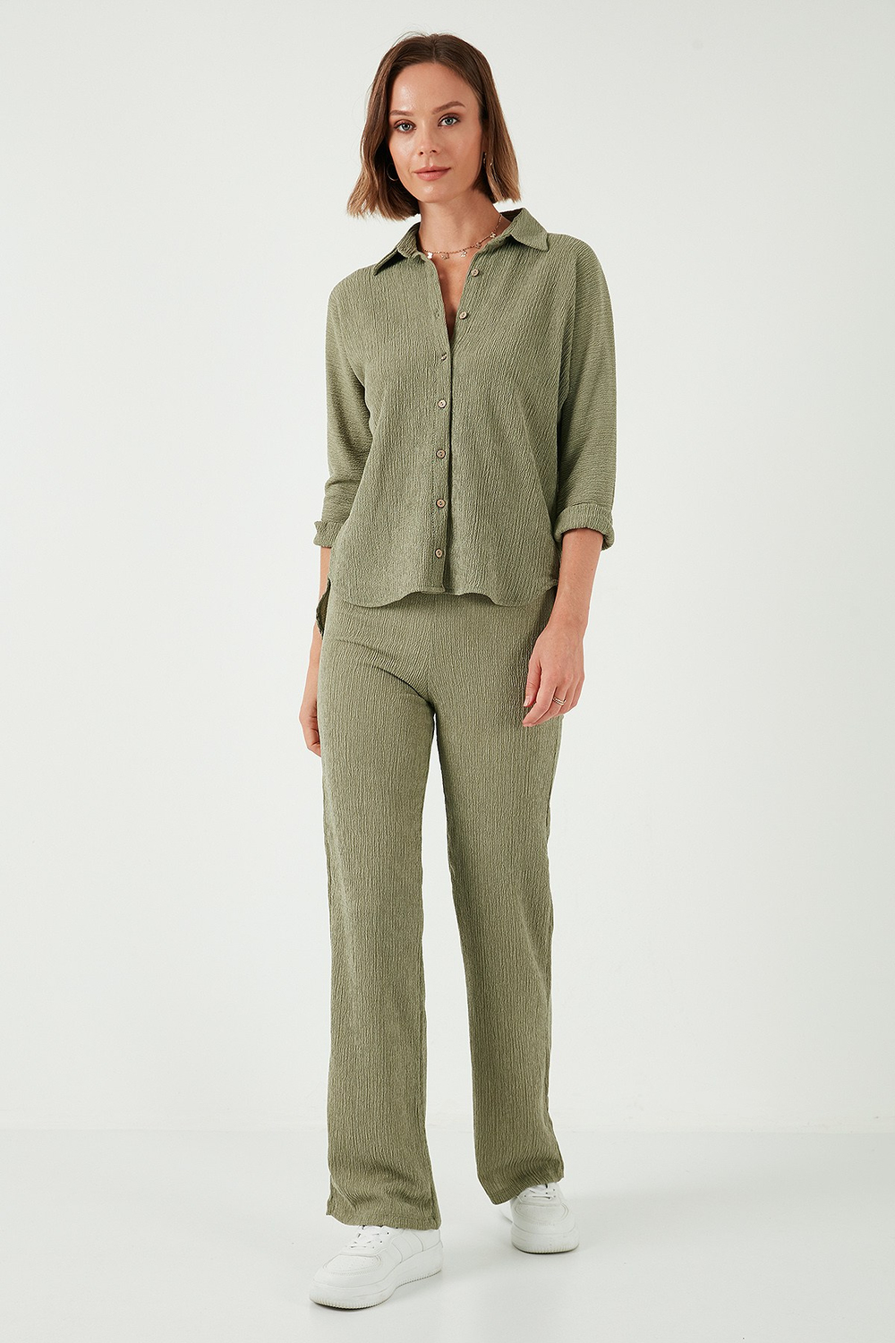Streç Regular Fit Dokulu Kadın Gömlek 5865975 Olive