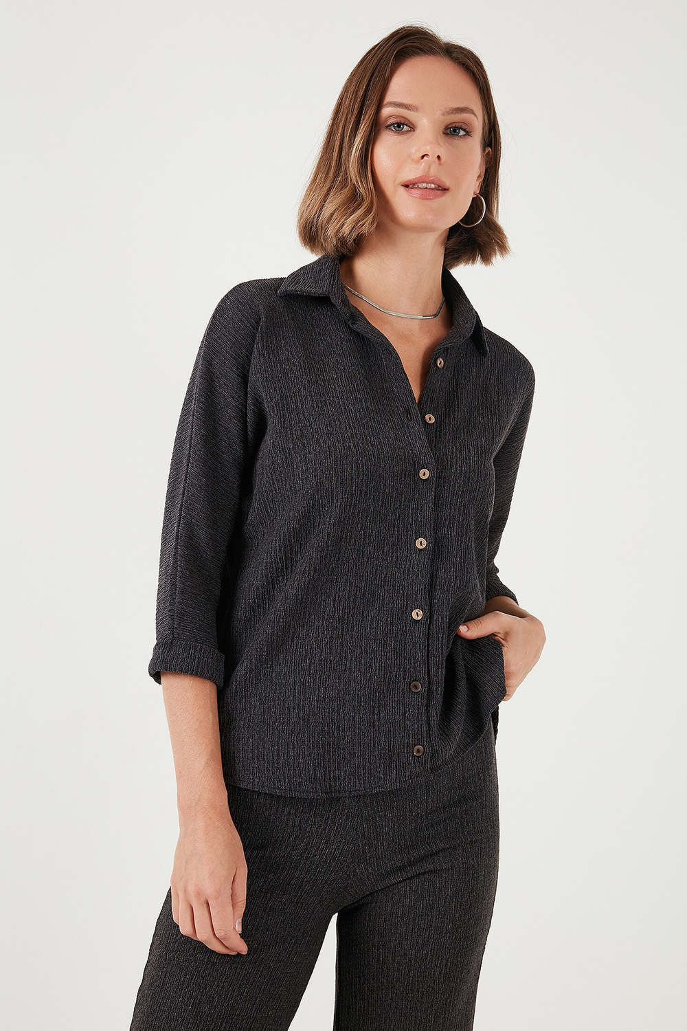 Streç Regular Fit Dokulu Kadın Gömlek 5865975 ANTRASİT