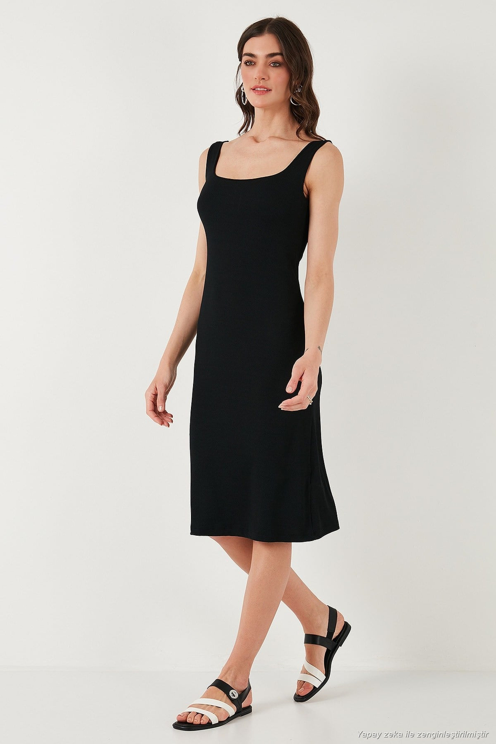 Streç Slim Fit Kare Yaka Kalın Askılı Midi Boy Kadın Elbise 5866102 SİYAH
