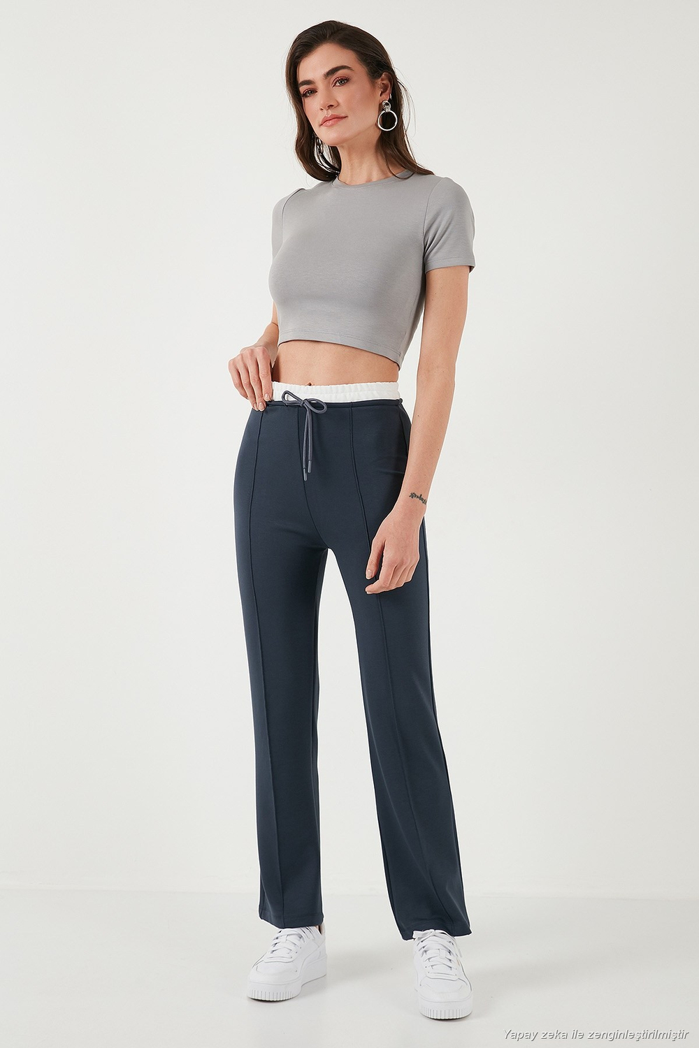 Streç Slim Fit Yüksek Bel Geniş Paça Çimalı Kadın Eşofman Altı 5866078 FÜME