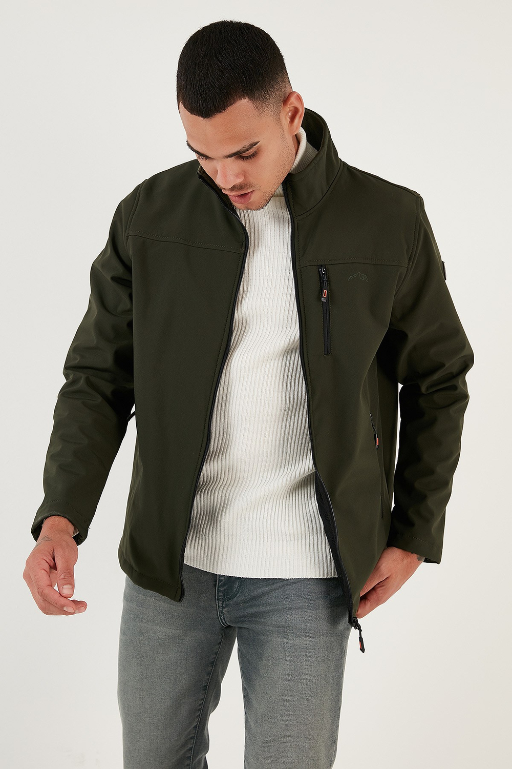 Su İtici Slim Fit Dik Yaka Softshell İnce Erkek Mont 649003 HAKİ