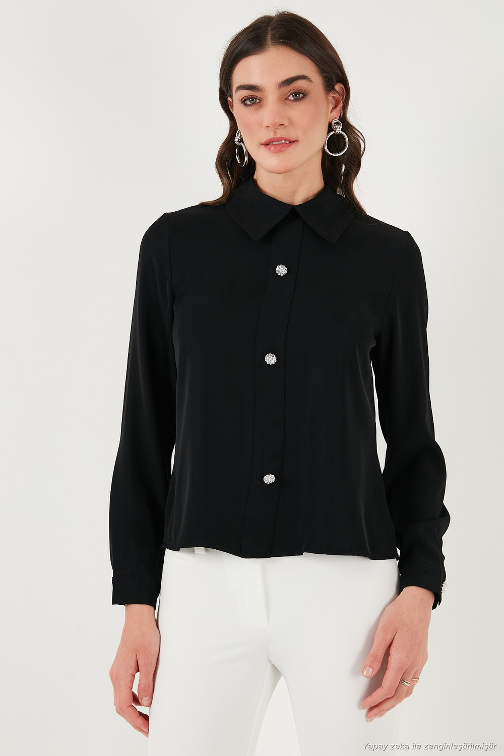 Taşlı Regular Fit Gömlek Yaka Fermuarlı Kadın Bluz 611BZ0493 SİYAH