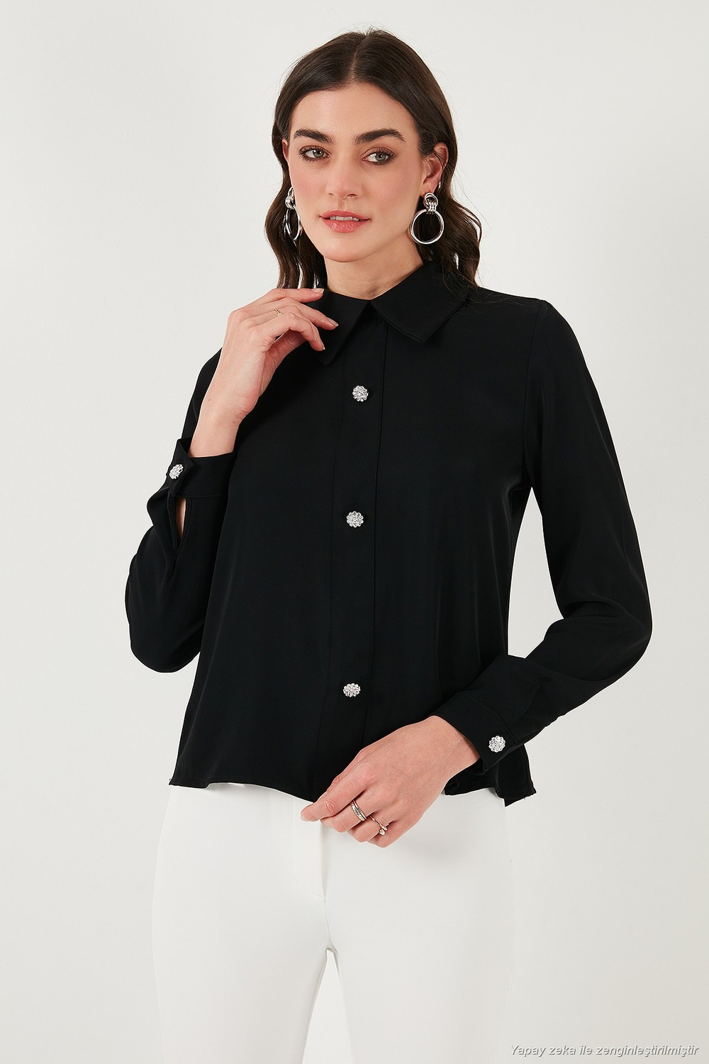 Taşlı Regular Fit Gömlek Yaka Fermuarlı Kadın Bluz 611BZ0493 SİYAH