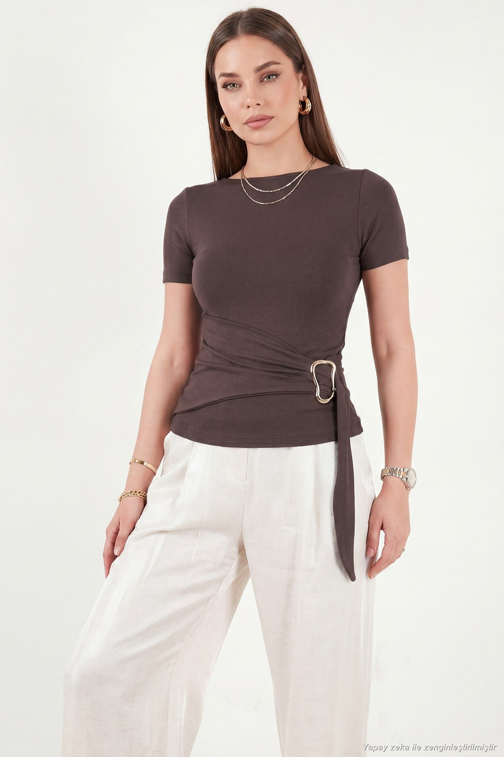 Toka Detaylı Fitted Fit Kayık Yaka Kadın Bluz 5862707 KAHVE
