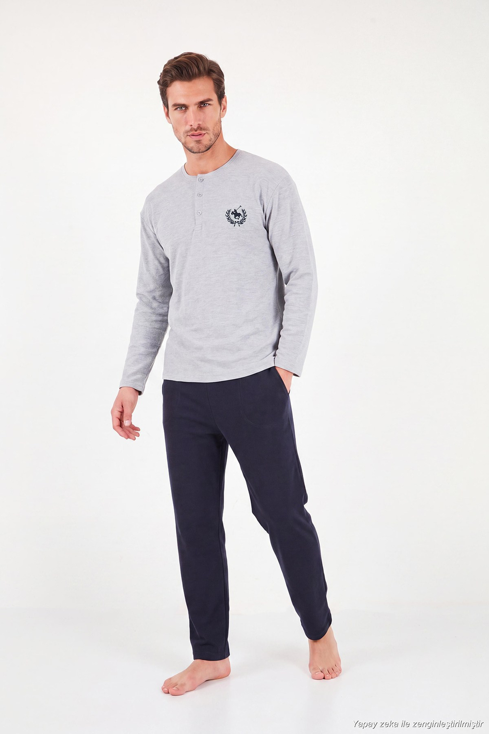 Ultra Soft Düğmeli Bisiklet Yaka Erkek Pijama Takımı 6575011 GRİ MELANJ