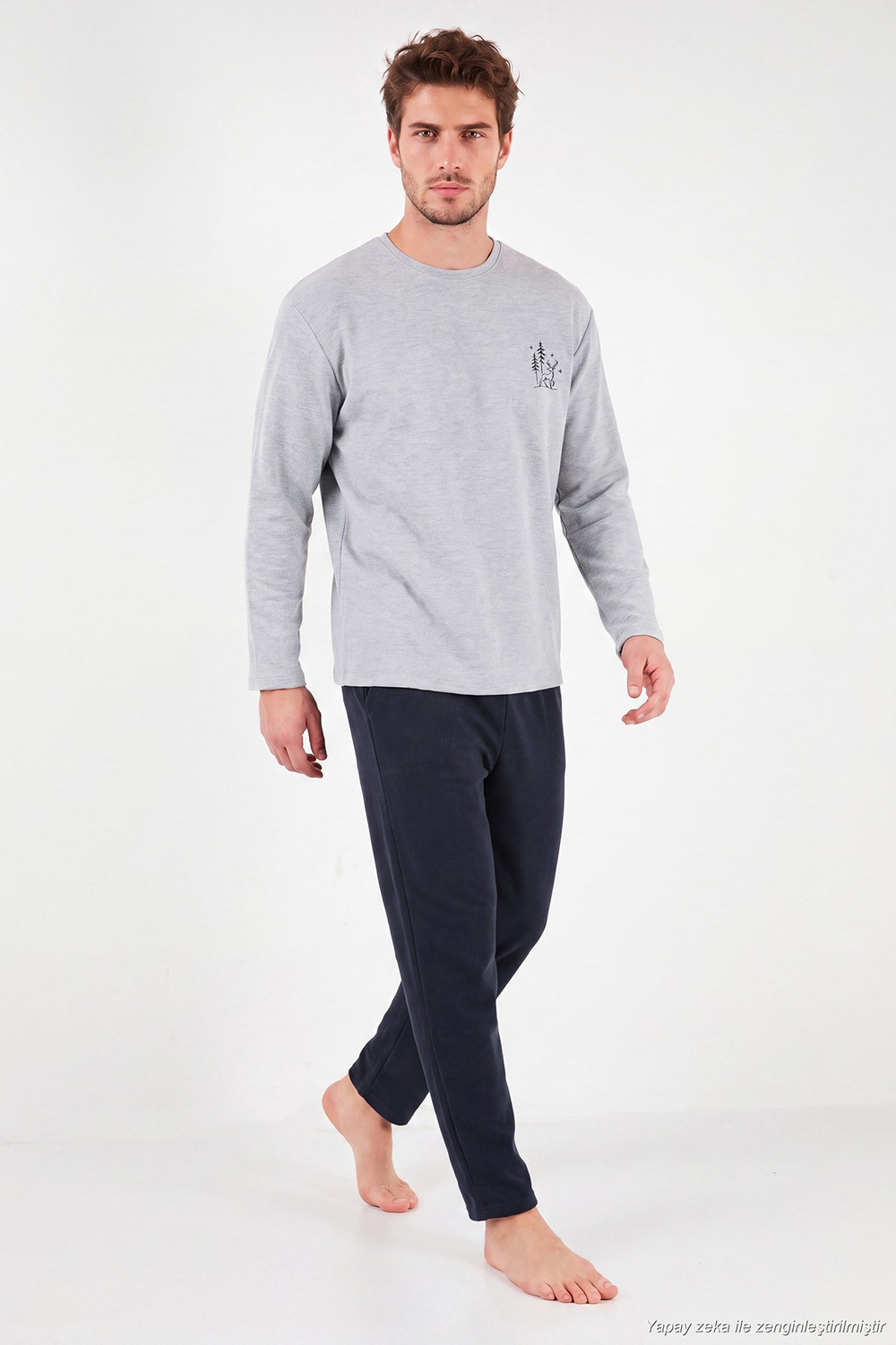 Ultra Soft Minimal Nakışlı Uzun Kollu Erkek Pijama Takımı 6575009 GRİ MELANJ