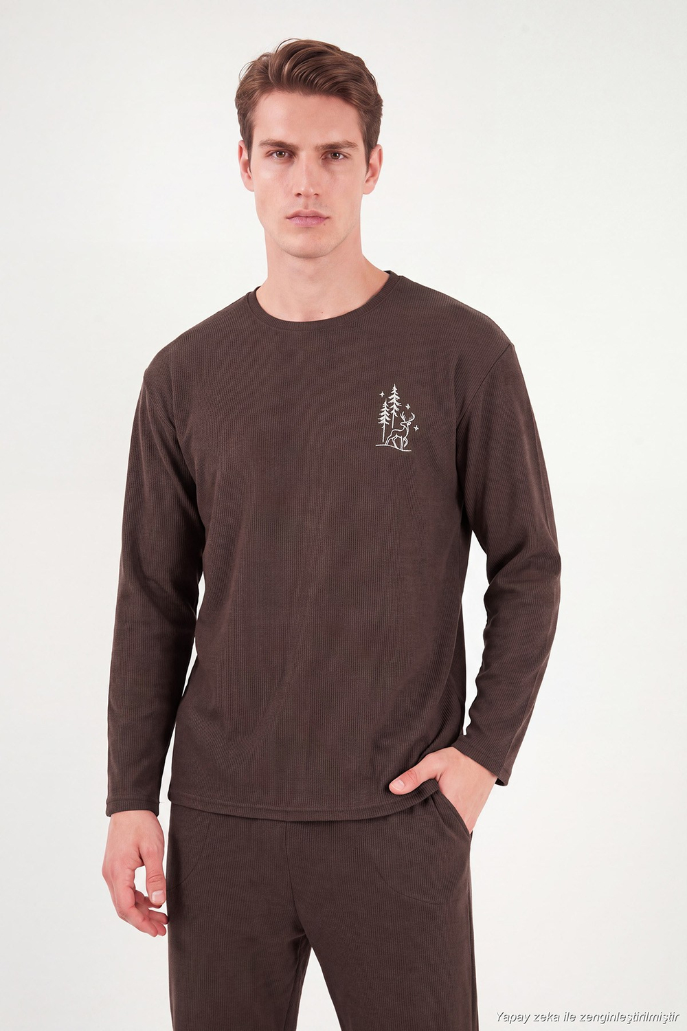 Ultra Soft Minimal Nakışlı Uzun Kollu Erkek Pijama Takımı 6575009 KAHVE