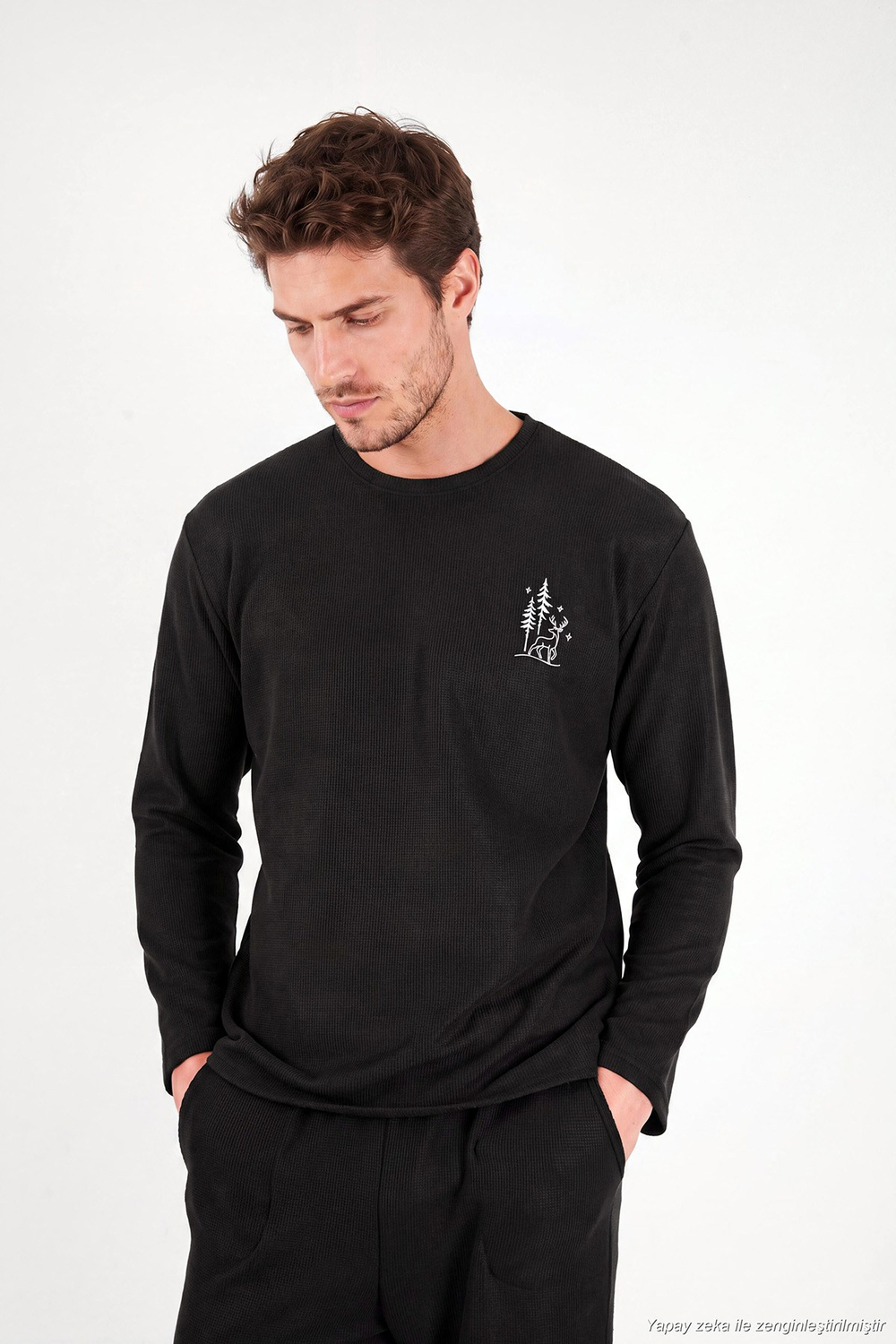 Ultra Soft Minimal Nakışlı Uzun Kollu Erkek Pijama Takımı 6575009 SİYAH