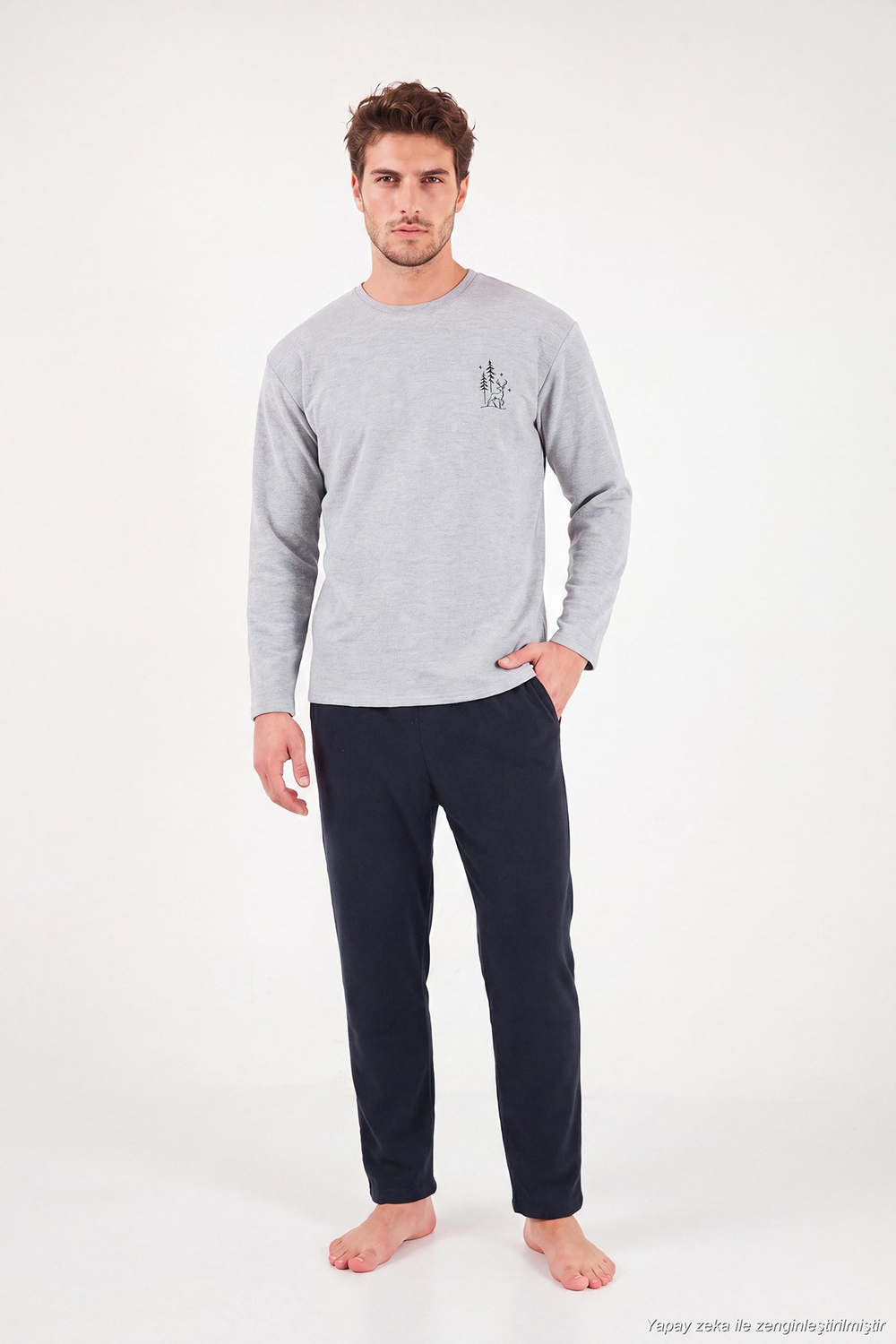 Ultra Soft Minimal Nakışlı Uzun Kollu Erkek Pijama Takımı 6575009 GRİ MELANJ