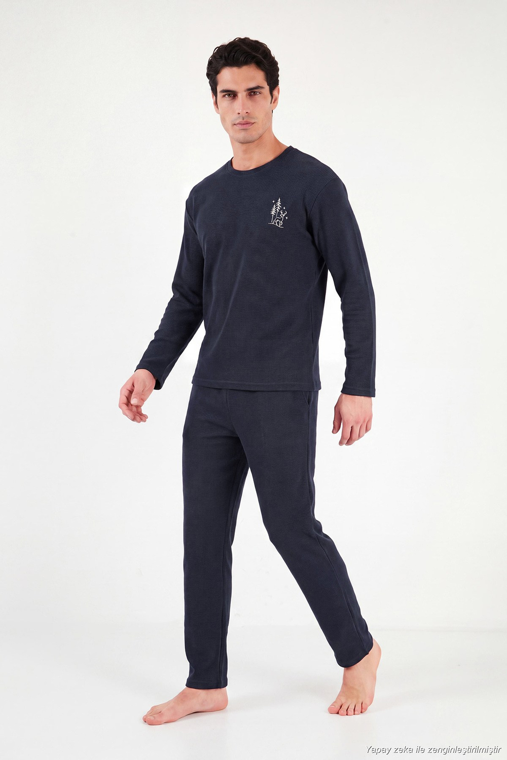 Ultra Soft Minimal Nakışlı Uzun Kollu Erkek Pijama Takımı 6575009 LACİVERT