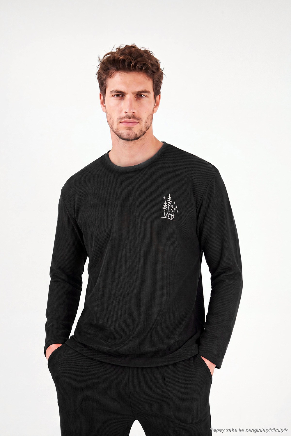 Ultra Soft Minimal Nakışlı Uzun Kollu Erkek Pijama Takımı 6575009 SİYAH