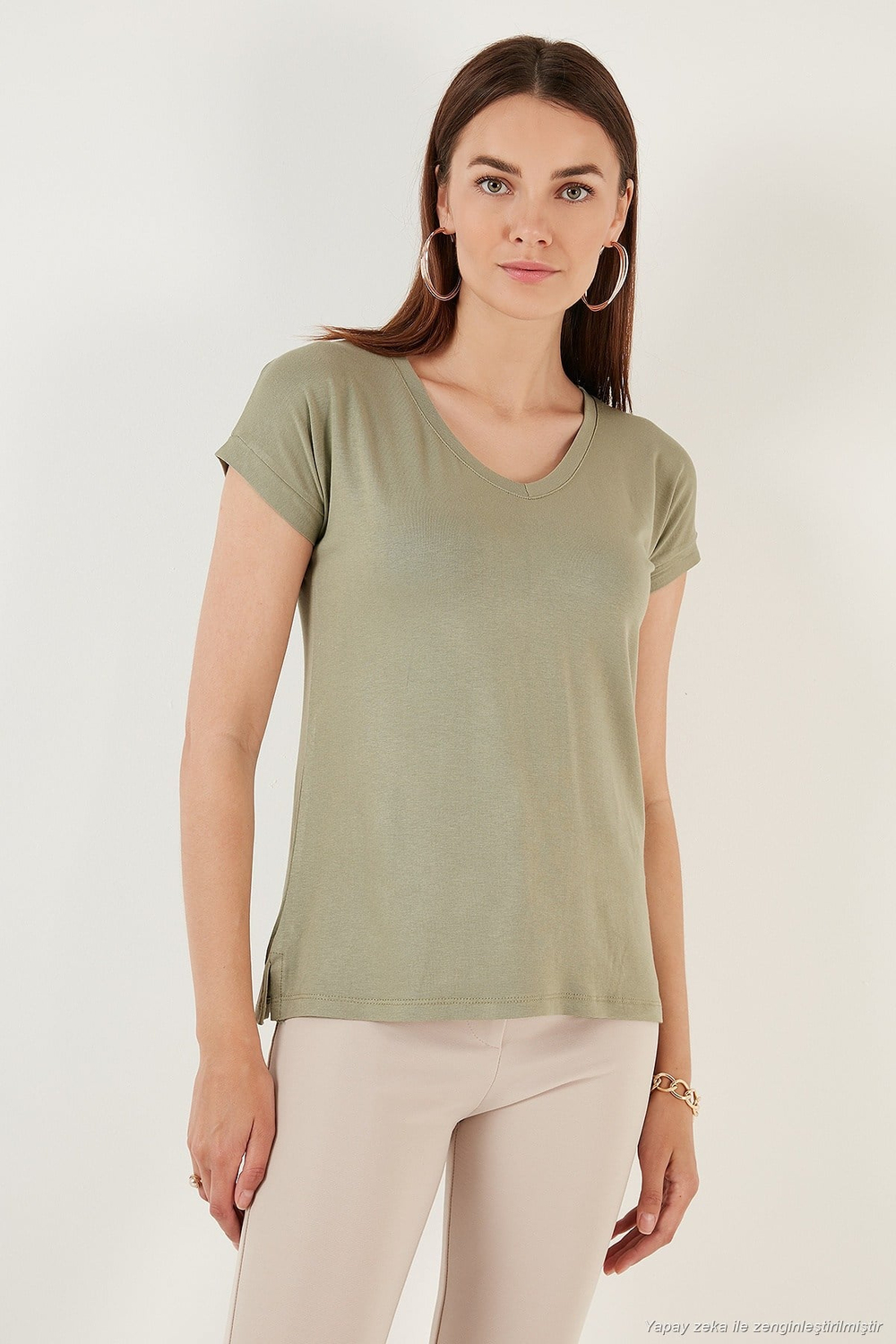 V Yaka Relaxed Fit Yırtmaç Detaylı 2li Paket Kadın Bluz 5862000S2 SİYAH-Olive
