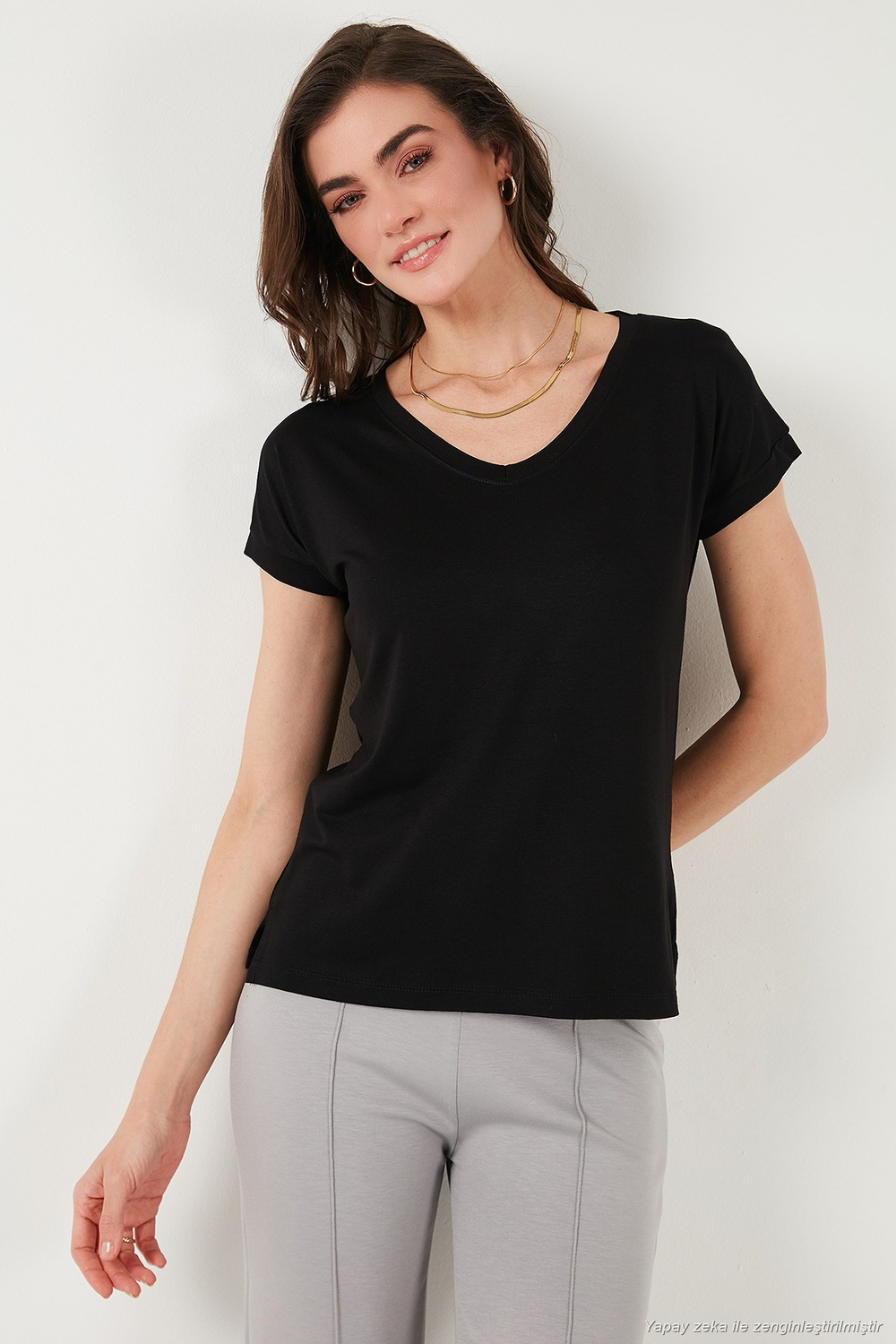 V Yaka Relaxed Fit Yırtmaç Detaylı 2li Paket Kadın Bluz 5862000S2 SİYAH-ÇAĞLA