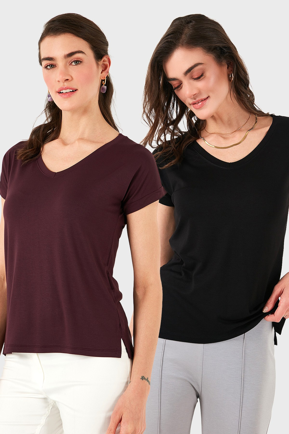 V Yaka Relaxed Fit Yırtmaç Detaylı 2li Paket Kadın Bluz 5862000S2 SİYAH-VİŞNE