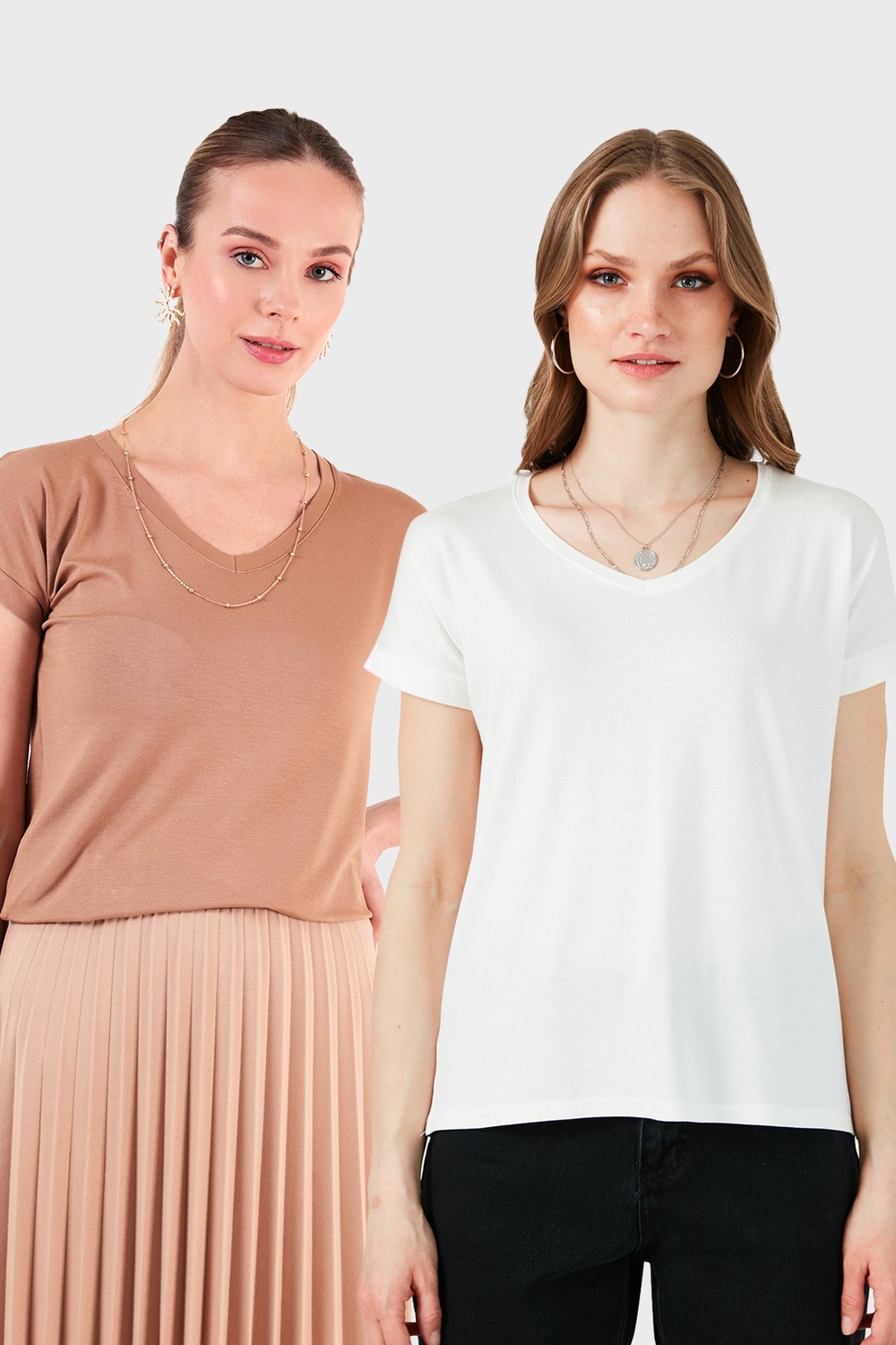 V Yaka Relaxed Fit Yırtmaç Detaylı 2li Paket Kadın Bluz 5862000S2 Ekru-Bisküvi