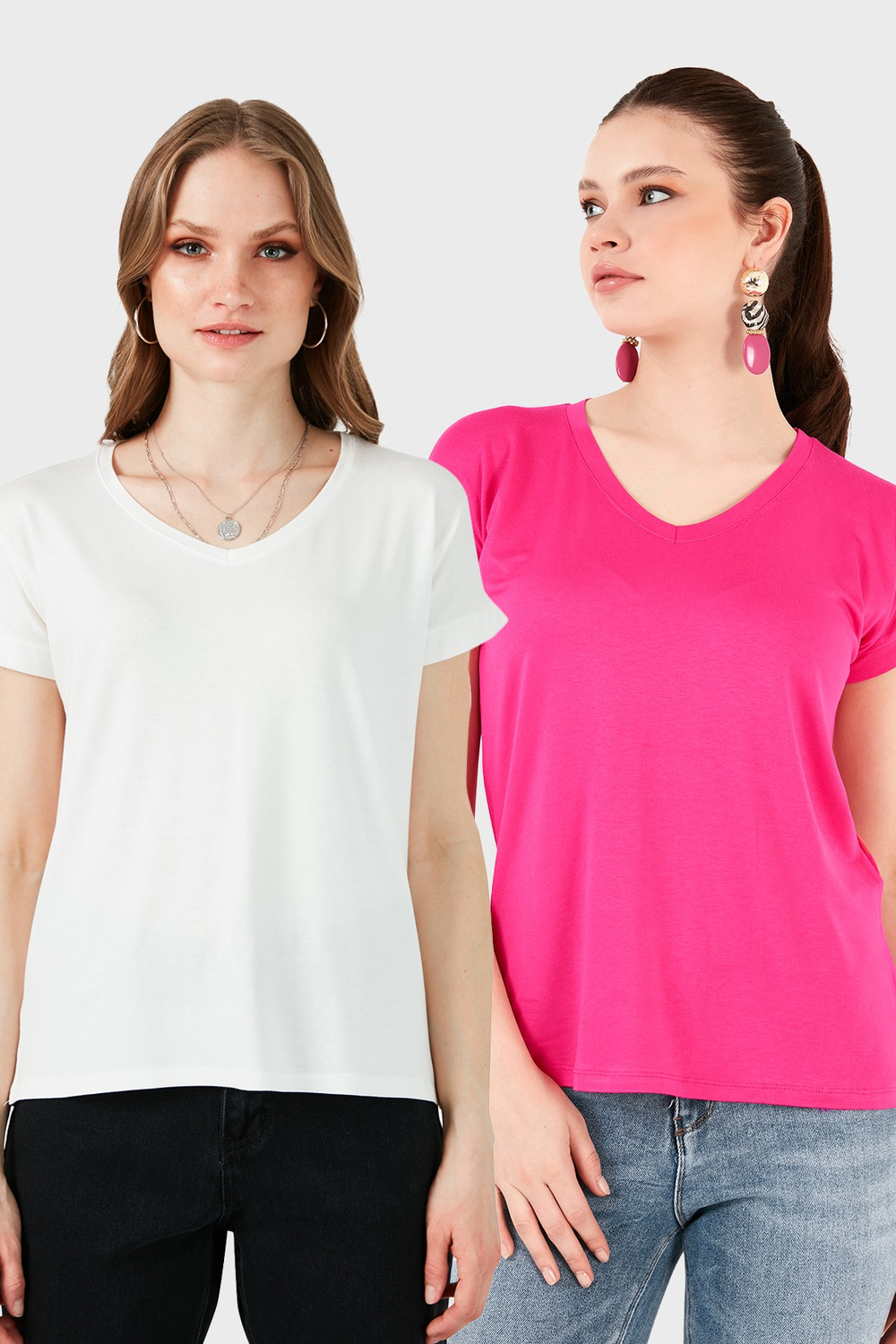 V Yaka Relaxed Fit Yırtmaç Detaylı 2li Paket Kadın Bluz 5862000S2 EKRU-FUŞYA