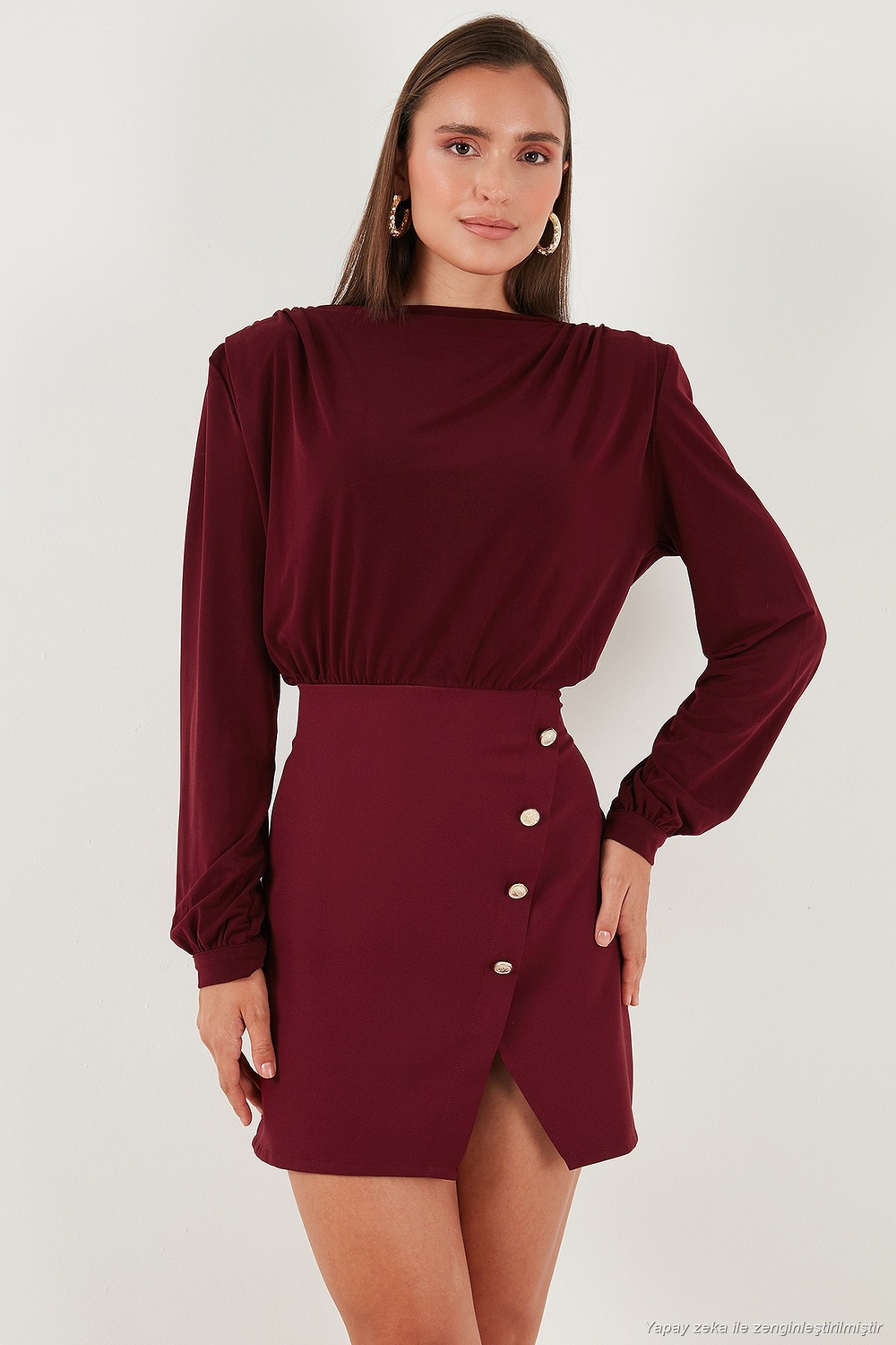 Vatkalı Regular Fit Yırtmaç Detaylı Dik Yaka Mini Boy Abiye Kadın Elbise 611EL751 BORDO