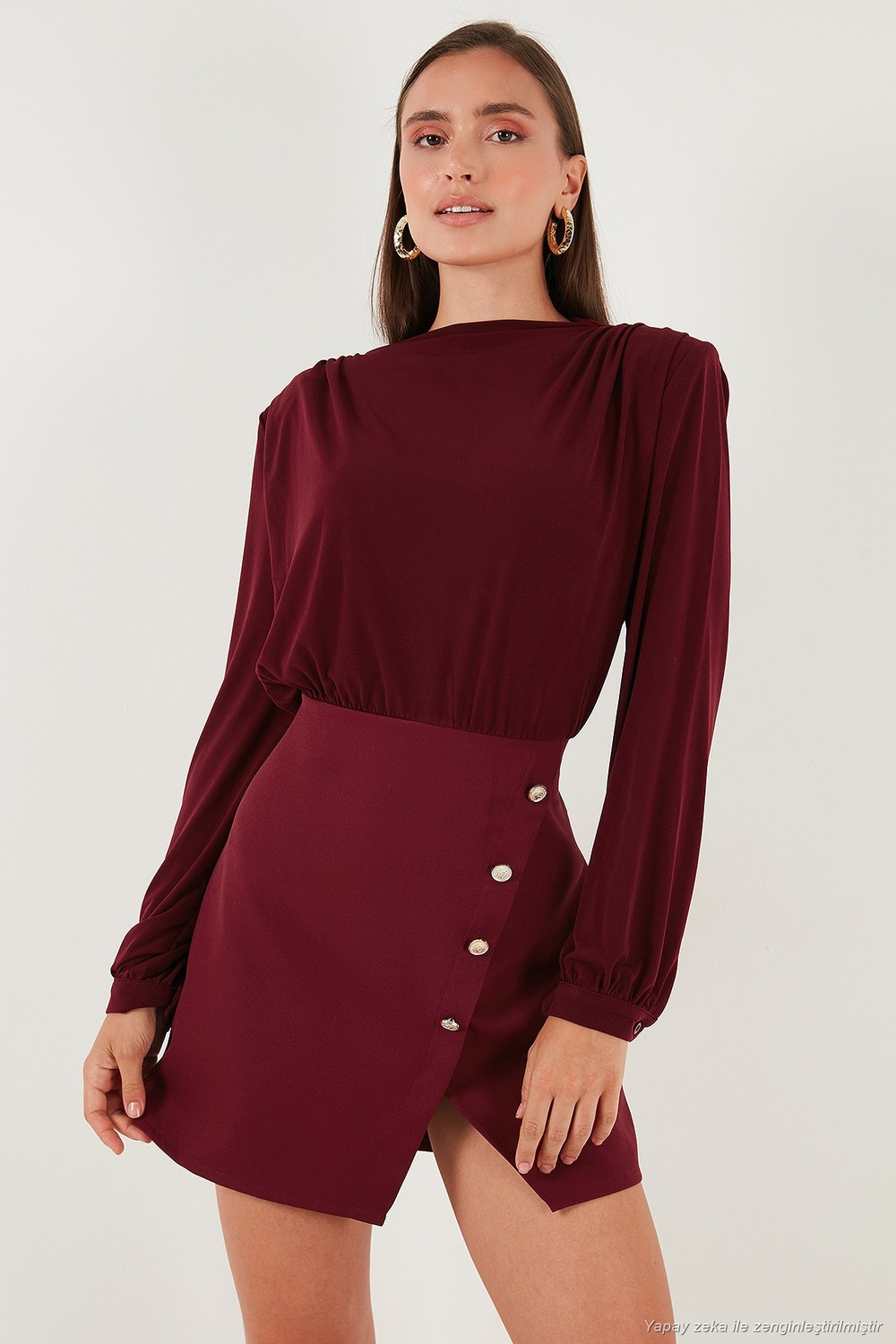 Vatkalı Regular Fit Yırtmaç Detaylı Dik Yaka Mini Boy Abiye Kadın Elbise 611EL751 BORDO