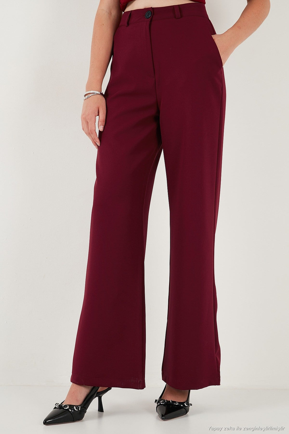 Wide Leg Orta Yüksek Bel Bol Paça Kumaş Kadın Pantolon 6522974 BORDO