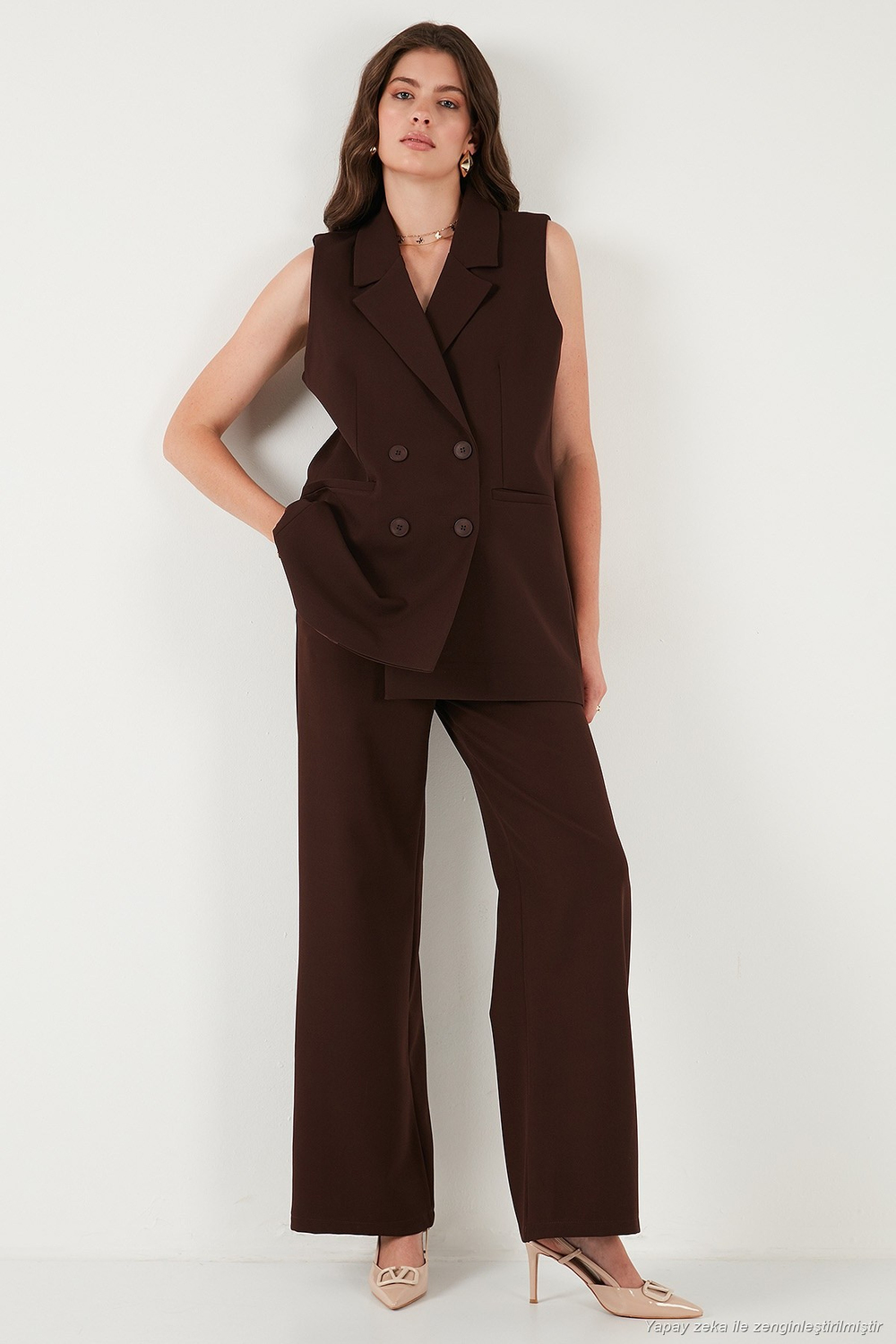 Wide Leg Orta Yüksek Bel Bol Paça Kumaş Kadın Pantolon 6522974 KAHVE