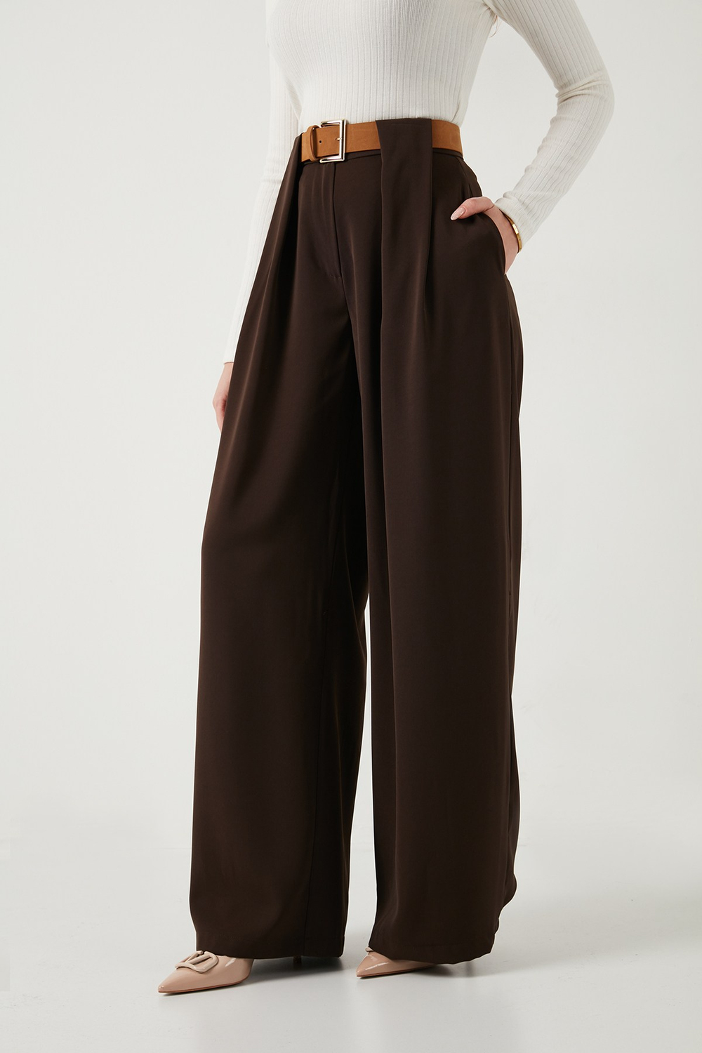 Wide Leg Yüksek Bel Bol Paça Kemer Detaylı Kadın Pantolon 6923855 KAHVE