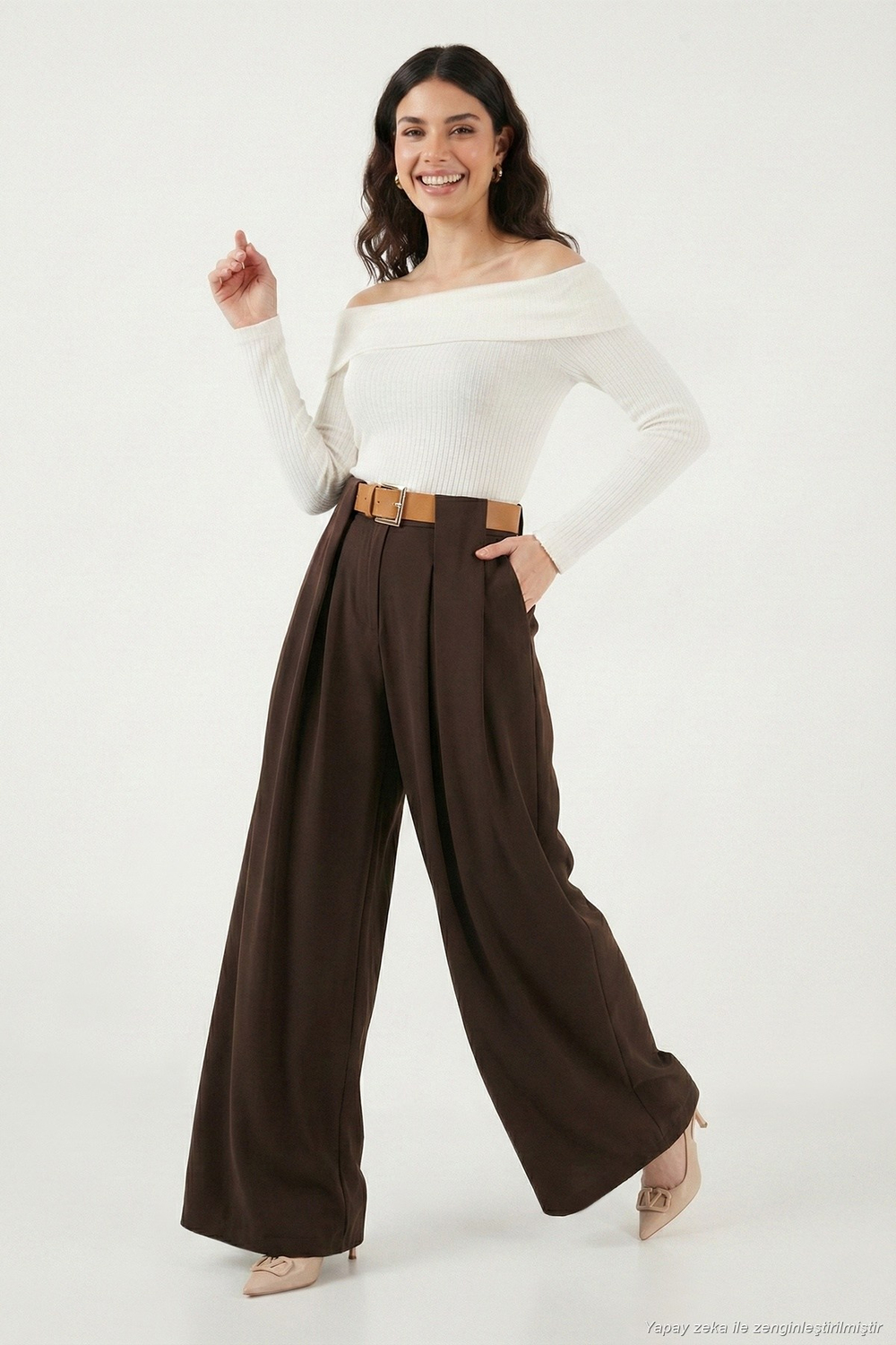 Wide Leg Yüksek Bel Bol Paça Kemer Detaylı Kadın Pantolon 6923855 KAHVE