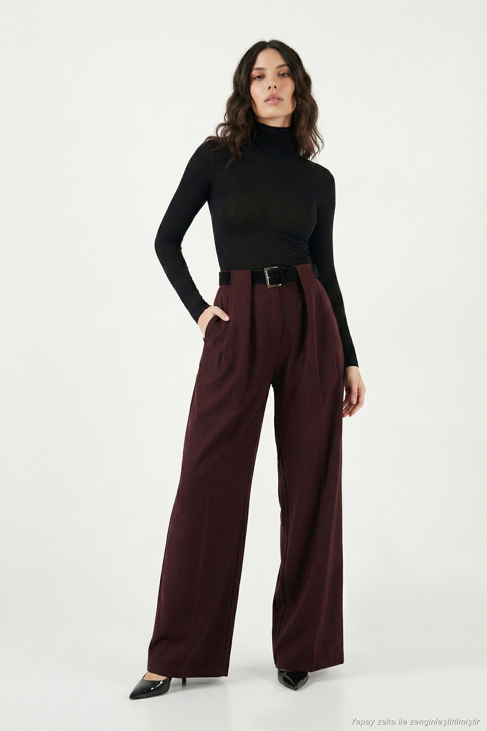 Wide Leg Yüksek Bel Bol Paça Kemer Detaylı Kadın Pantolon 6923855 MÜRDÜM