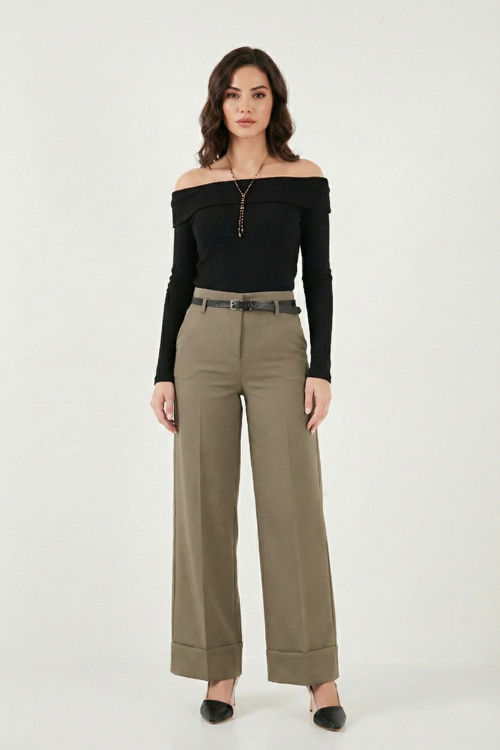 Wide Leg Yüksek Bel Kıvırma Detaylı Bol Paça Kemerli Kadın Pantolon 6923841 HAKİ