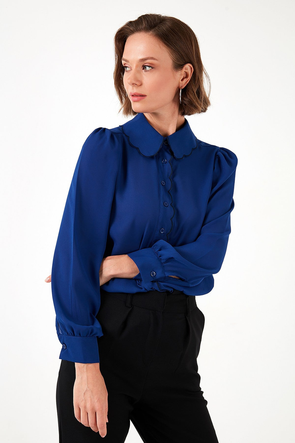 Yaka Detaylı Regular Fit Şifon Kadın Gömlek 61114410 SAKS-LACİVERT