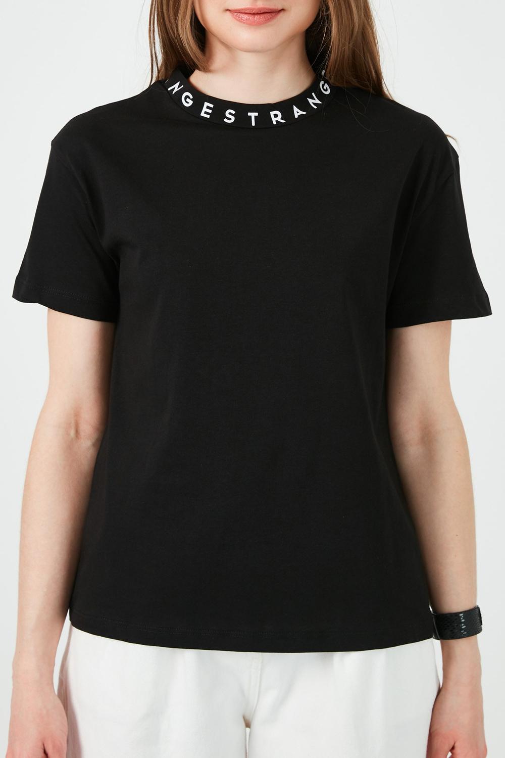 Yakası Baskılı Bisiklet Yaka Basic Örme Kadın T Shirt 5864054 SİYAH