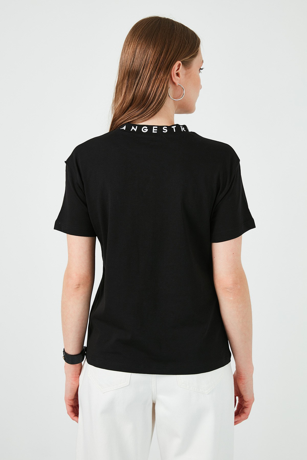 Yakası Baskılı Bisiklet Yaka Basic Örme Kadın T Shirt 5864054 SİYAH