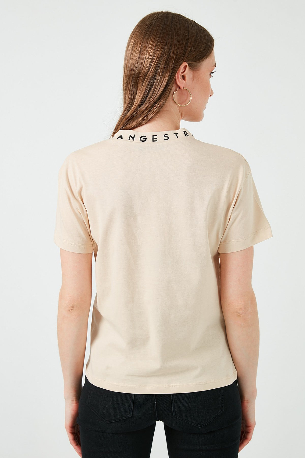 Yakası Baskılı Bisiklet Yaka Basic Örme Kadın T Shirt 5864054 TAŞ