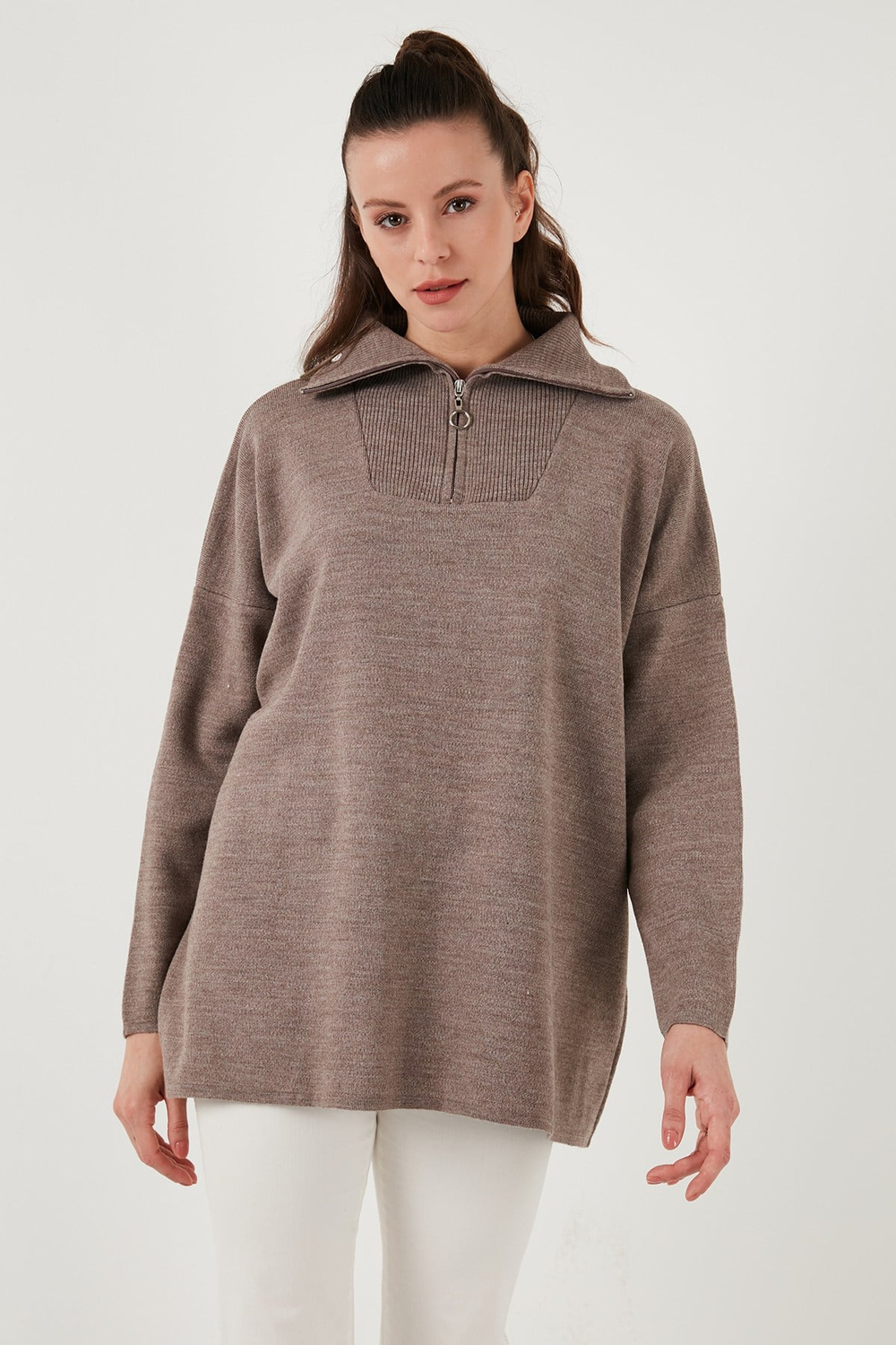 Yarım Fermuarlı Onesize Triko Kadın Kazak 4616079Y KOYU VİZON