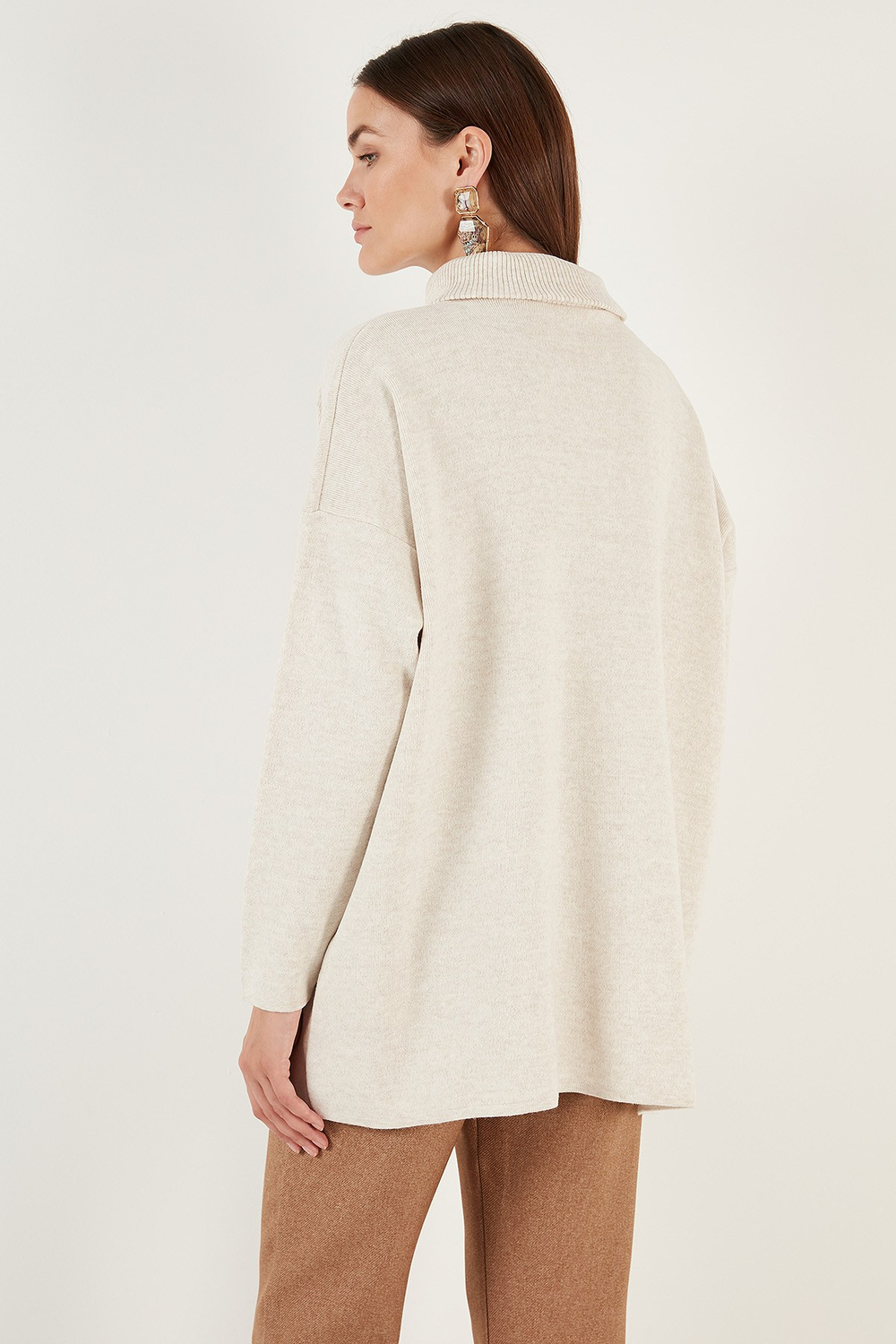 Yarım Fermuarlı Oversize Triko Kadın Kazak 4616079 KREM