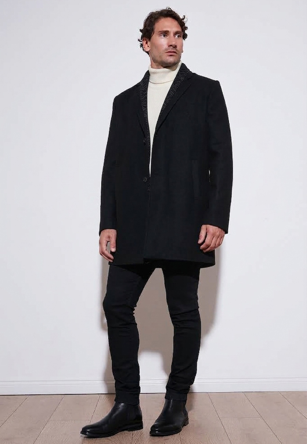 Yırtmaçlı Slim Fit Mono Yaka Kaşe Erkek Kaban 58400589 SİYAH
