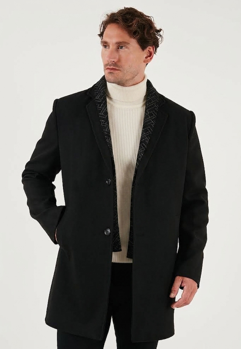 Yırtmaçlı Slim Fit Mono Yaka Kaşe Erkek Kaban 58400589 SİYAH