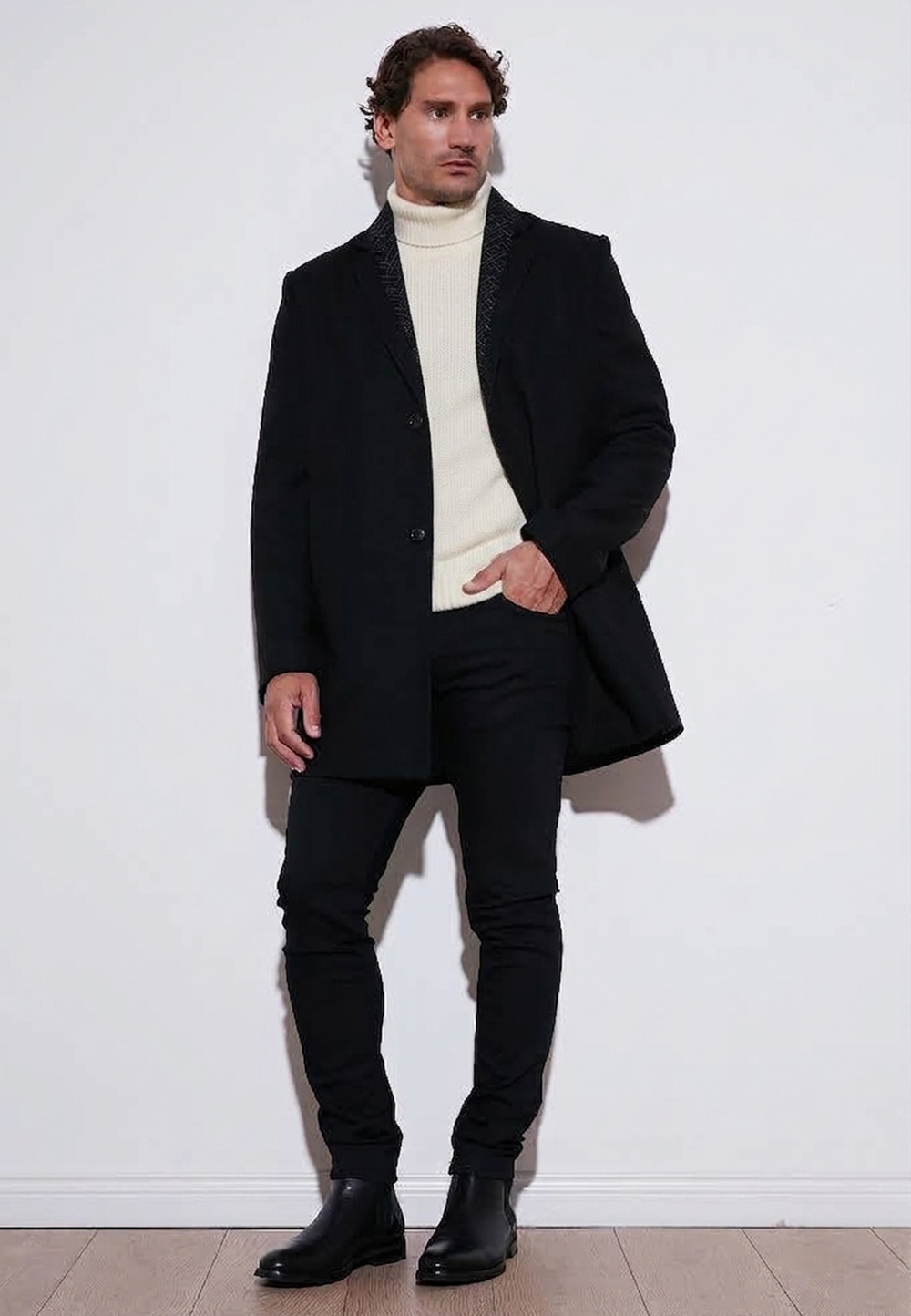 Yırtmaçlı Slim Fit Mono Yaka Kaşe Erkek Kaban 58400589 SİYAH