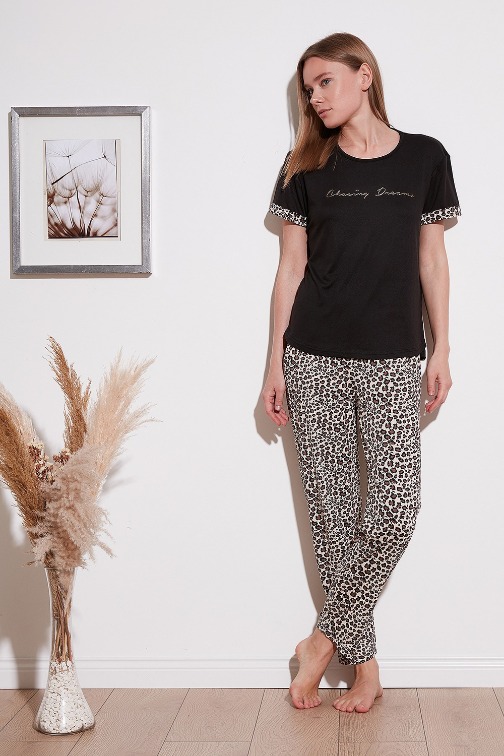 Yumuşak Dokulu Bisiklet Yaka Kadın Pijama Takımı 6097605 SİYAH-LEOPAR