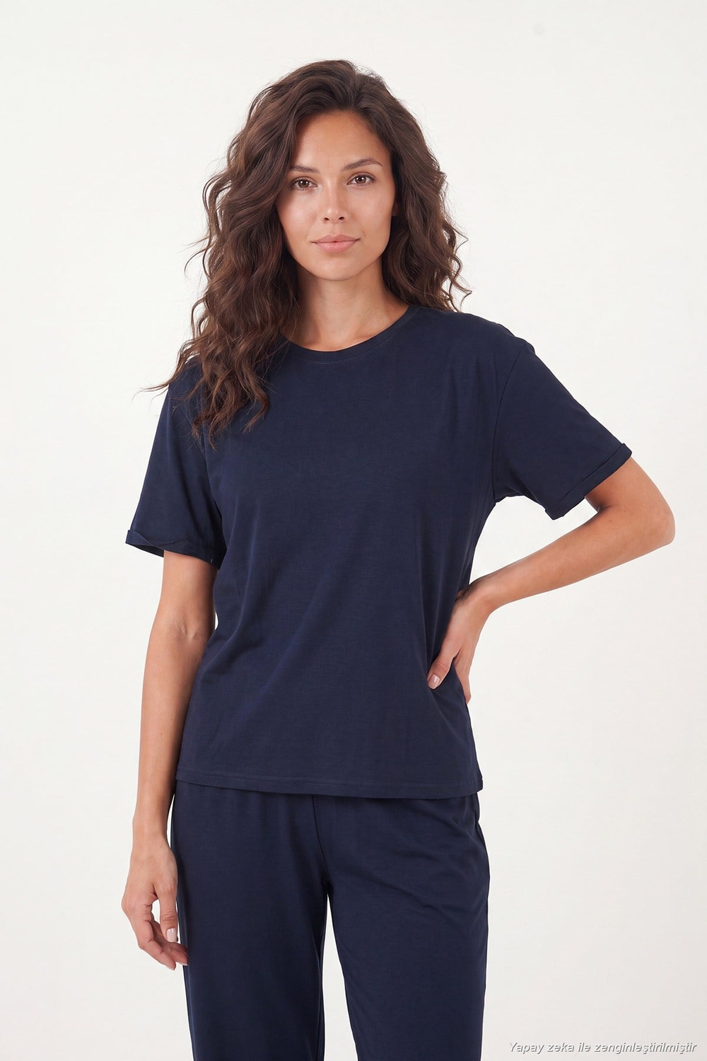 Yumuşak Dokulu Bisiklet Yaka Lastikli Bel Kısa Kollu Kadın Pijama Takımı 65720102 LACİVERT