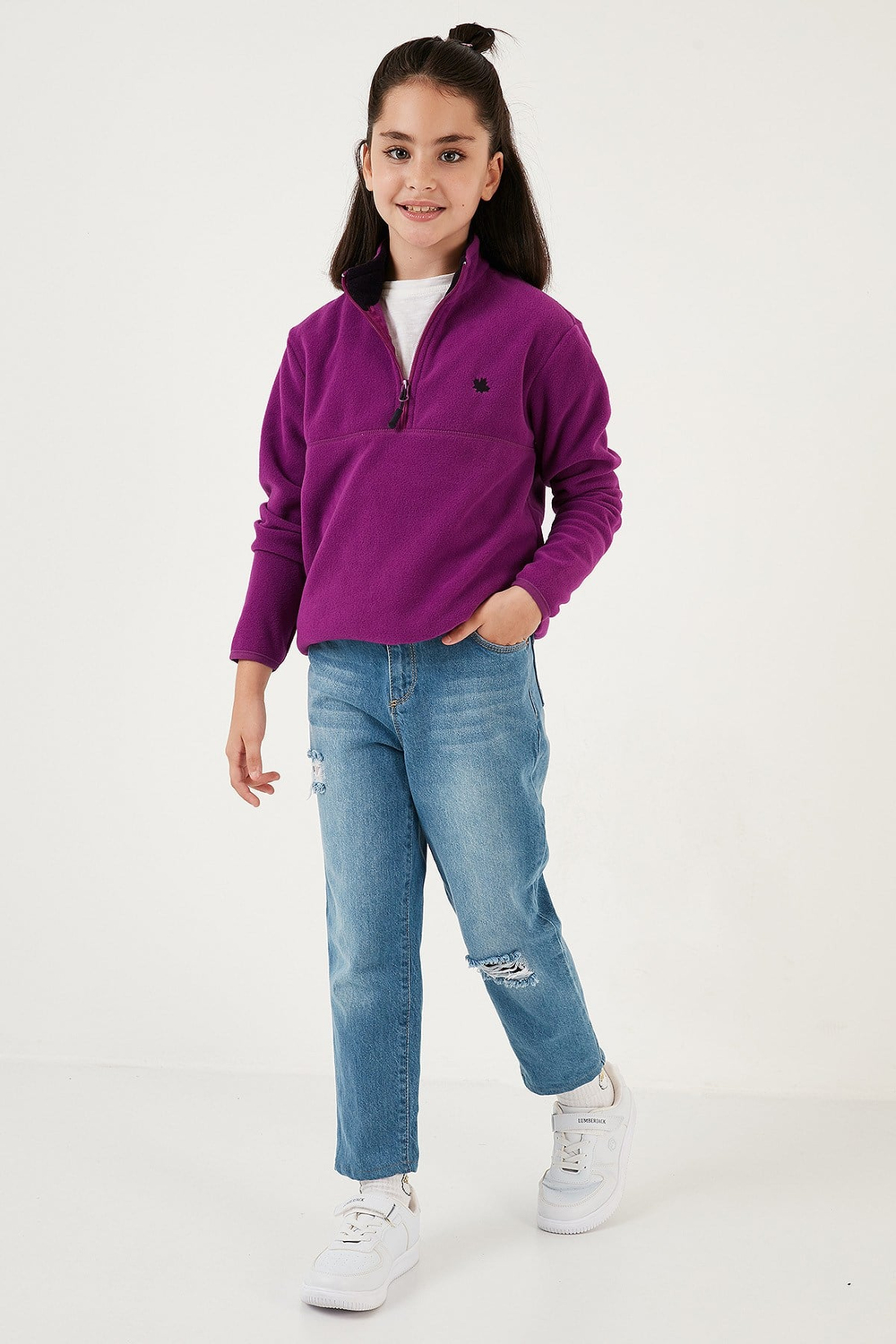 Yumuşak Dokulu Fermuarlı Dik Yaka Şardonlu Kışlık Unisex Çocuk Polar 5905002 MOR